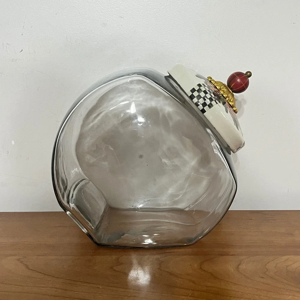 Mackenzie-Childs Evergreen Glass Cookie Jar Holiday Courtly Check Lid Finial‎